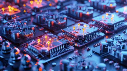 Fototapeta premium A high-resolution illustration depicting a series of nanofabricated biosensors on a silicon wafer, each sensor equipped with molecular recognition sites glowing under UV light to indicate activity.