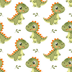 Cute dinosaurs seamless pattern. Background with dinosaurs and tropical leaves. Scandinavian design for baby clothes, shirts, fabrics, textiles.
