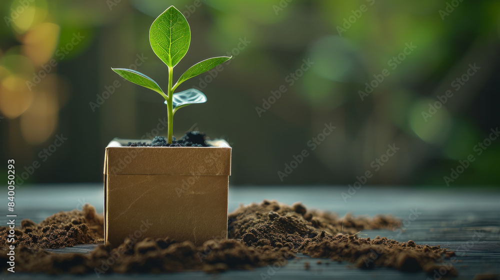 Poster elegant cardboard box featuring a sprouting plant, simple background. generative ai.