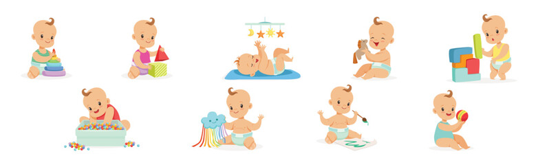 Infant Newborn Baby Wear Diaper in Different Activity Vector Set