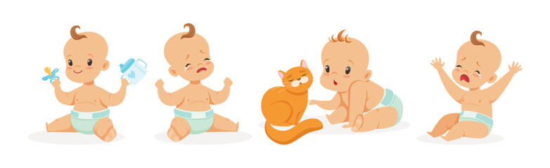 Infant Newborn Baby Wear Diaper in Different Activity Vector Set