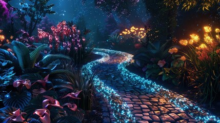 A magical garden at dusk where the plants and flowers pulse with bioluminescent light, casting a spellbinding glow on a winding cobblestone path.