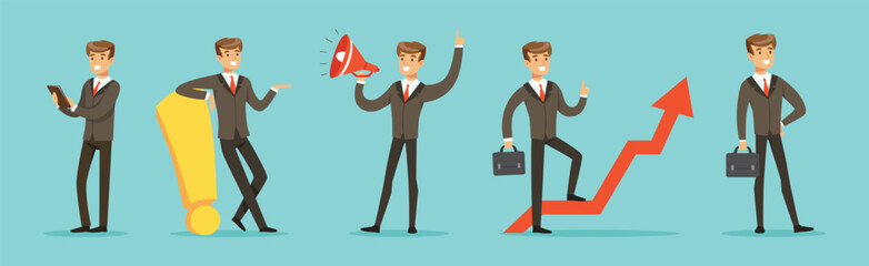 Successful Business Man Office Character Wear Formal Suit Vector Set