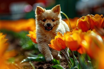  A puppy running through a garden of tulips