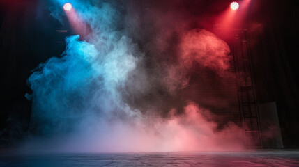 Obraz premium Empty stage with smoke, red and blue spotlights for background.