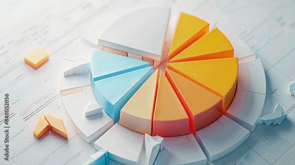 Poster a modern design featuring a virtual 3d pie chart breaking into segments on a clean, light background
