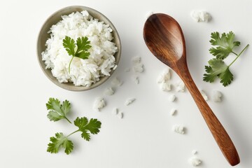 Bowl of rice with parsley and wooden spoon, a simple and elegant dish perfect for any meal