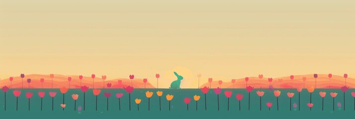 Naklejka premium A rabbit hopping through a garden of tulips