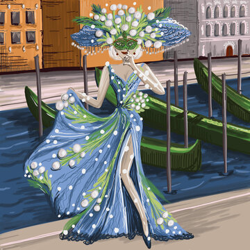 girl in Venice botany flower brunia masquerade girl in a mask from behind gandolas architecture city carnival