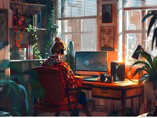 A person working remotely from a cozy home office.