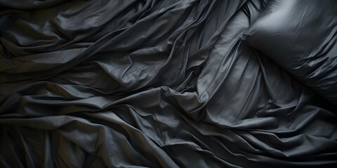 Birdseye view of messy black bed with crumpled sheets and pillows. Concept Bedroom Decor, Messy Bed, Black and White, Interior Design