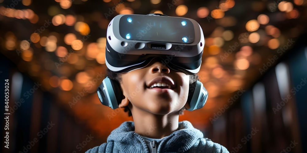 Poster a student in a classroom using an augmented reality headset for learning. concept education, technol