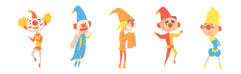 Funny Clown Boy Character in Bright Costume with Nose Vector Set