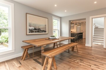 Fototapeta premium Minimalist Dining Room with Bench Seating, Dining room with a bench and simple table