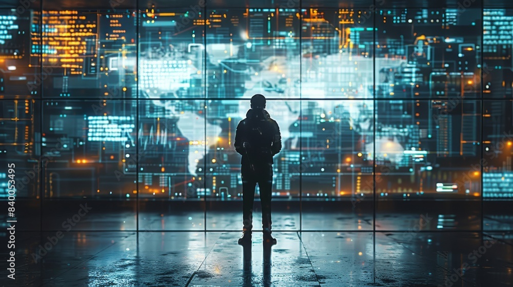 Poster Silhouette of a person standing in front of a giant digital screen with a flow of data showing various cyber threats and vulnerabilities. Generative AI.