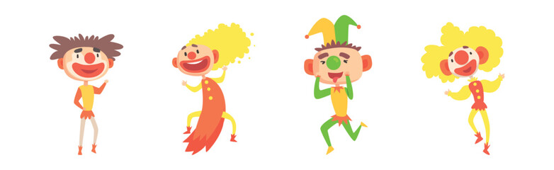 Funny Clown Boy Character in Bright Costume with Nose Vector Set