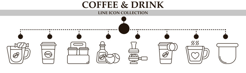 Coffee and drink line icon collection. With icon of orange juice, portafilter, strawberry coffee, coffee break and more. For sign, symbol, infographics, presentation or web graphics. 