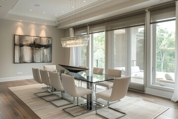 Fototapeta premium Minimalist Dining Room with Glass Table, Dining room with a glass table and minimal chairs