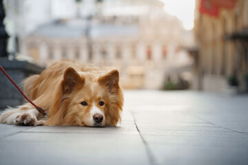 a fluffy dog lies down on a city sidewalk, its gaze calm and observant, while the hustle of city...