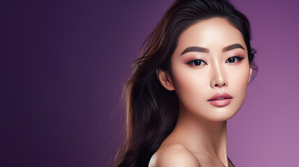 Fototapeta premium Portrait of a beautiful, sexy, smiling Asian woman with perfect skin, purple background, banner.