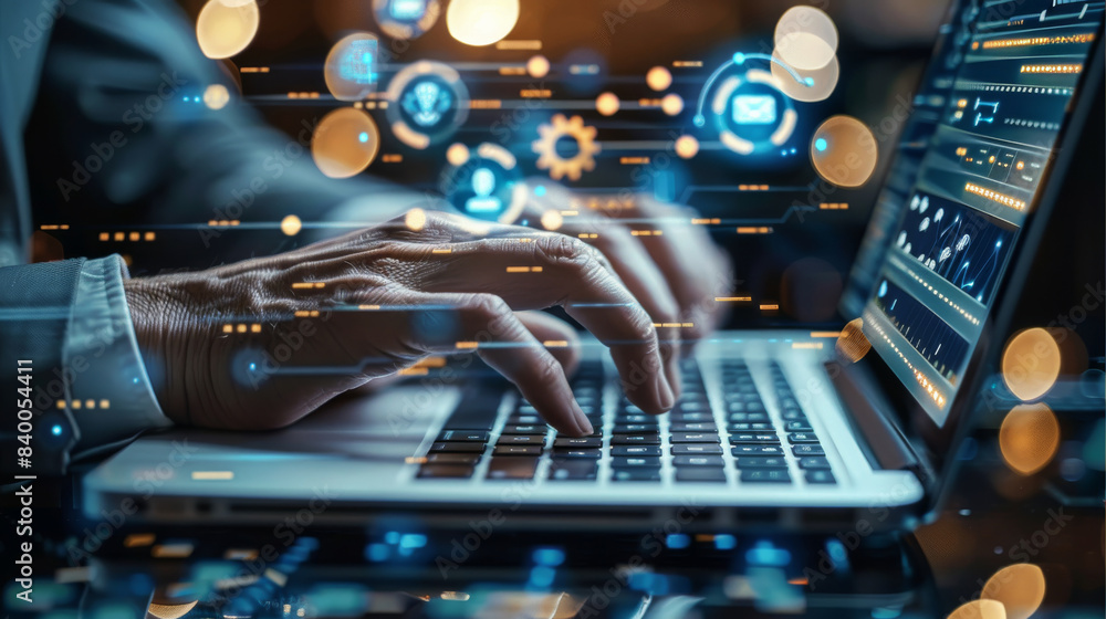Poster Internet technology, businessman using a laptop computer with biometric identification on an internet technology network and data management, as well as cybersecurity. Generative AI.