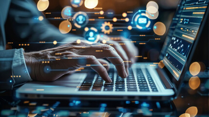 Internet technology, businessman using a laptop computer with biometric identification on an internet technology network and data management, as well as cybersecurity. Generative AI.