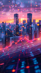 Obraz premium Futuristic Trading and Financial Chart Analysis with City Skyline at Sunset, Conceptual Digital Illustration of Stock Market Data and Investment Trends