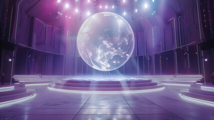 Fototapeta premium A floating stage inside a sphere dome with LED Walls. Generative AI.