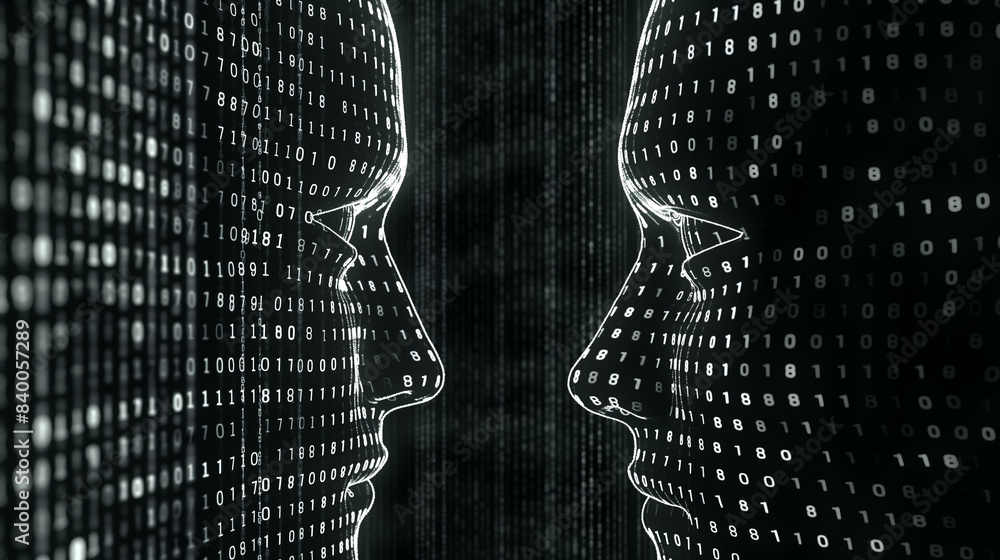 Poster photograph abstract symbols or icons representing artificial intelligence, such as binary code, conv