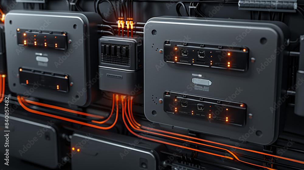 Poster the multiple battery boxes connected to an inverter charger and power with wires leading from them. 