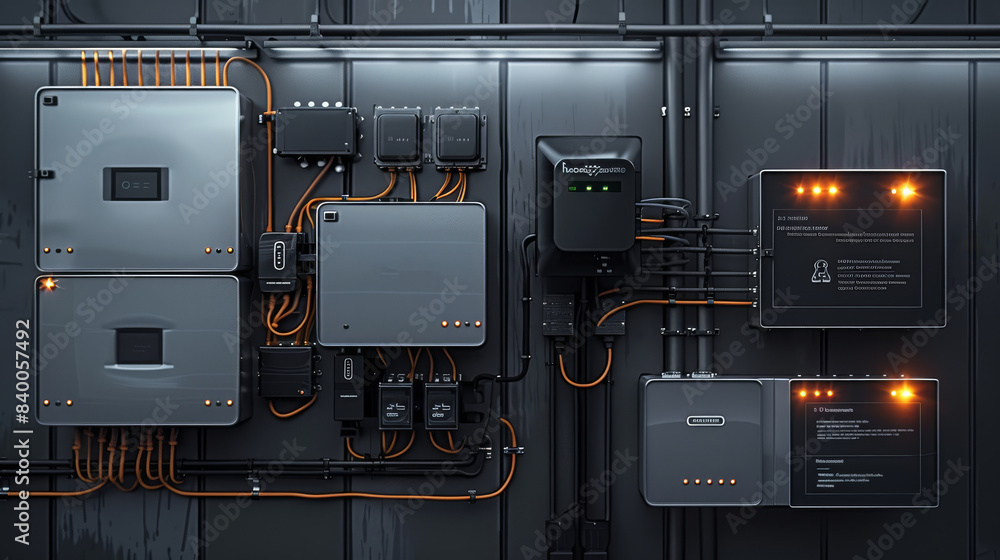 Fototapete the multiple battery boxes connected to an inverter charger and power with wires leading from them. 