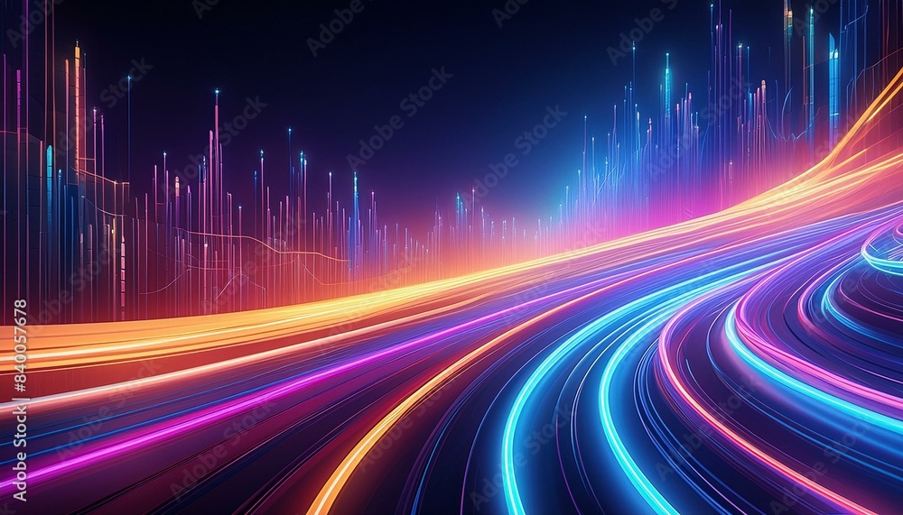 Poster neon flux, abstract background with dynamic glowing lines depicting futuristic data transfer