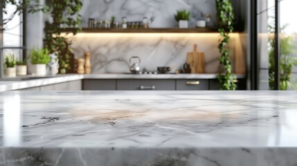Modern Kitchen Interior with Marble Countertop and Greenery, Contemporary Design, Natural Light, and Stylish Decor Elements for a Fresh and Inviting Cooking Space