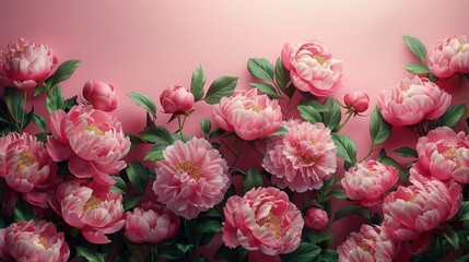 Obraz premium Romantic Floral Frame: Peonies and Roses on Pink Background with Copy Space. 