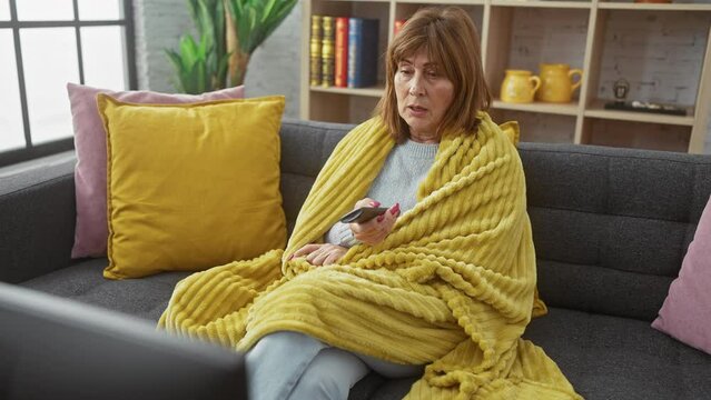Mature woman wrapped in yellow blanket sitting on sofa indoors holding remote control