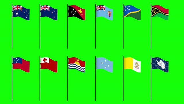 Country Flags Waving Oceania and Others Set. Seamless loop isolated animation with transparency Green Screen and Luma Matte (black and white mask)