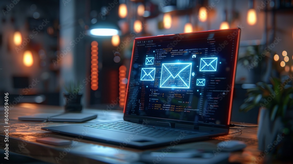 Aufkleber a modern laptop with an open email interface displaying glowing blue envelopes, matte black finish, 