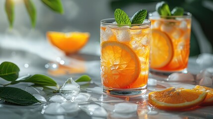 Fototapeta premium Summer Orange Cocktails with Citrus Fruits, Party Concept with Trendy Palm Leaf Shadow and Sunlight