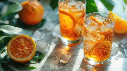Fototapeta premium Summer Orange Cocktails with Citrus Fruits, Party Concept with Trendy Palm Leaf Shadow and Sunlight