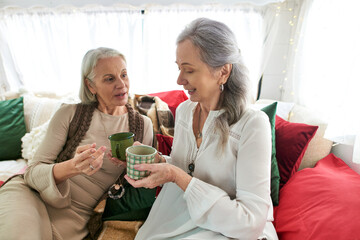 Two middle-aged women, a lesbian couple, are sitting inside a camper van, enjoying their cups of tea and each others company.