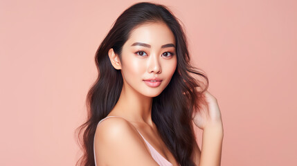 Fototapeta premium Portrait of a beautiful, sexy, smiling Asian woman with perfect skin, pink background, banner.