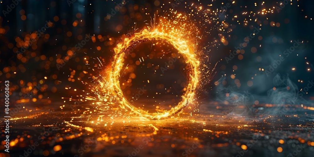 Poster large circle of flames with sparks exploding on a dark background. concept fire art, fiery circles, 