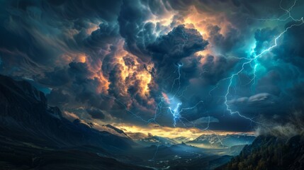 The stormy night sky is dark and dramatic with lightning bolts. During the night, mountains are illuminated by flashes of light from thunder and lightning. This 3D illustration is dramatic and dark.