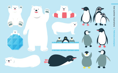 かわいいペンギンと白くまの夏のベクターイラスト素材セット
