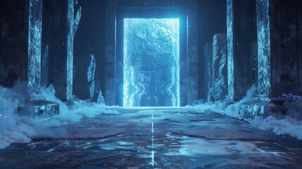 Ice magic portal, light entrance, abstract fantasy frozen winter neon landscape. Snowy winter landscape. Interior view of north polar relief. Illustration in 3D.