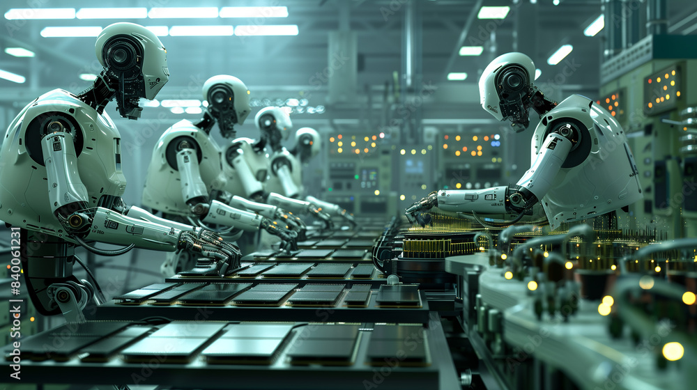 Poster a group of robots are working on a factory assembly line. the robots are all white and have a roboti