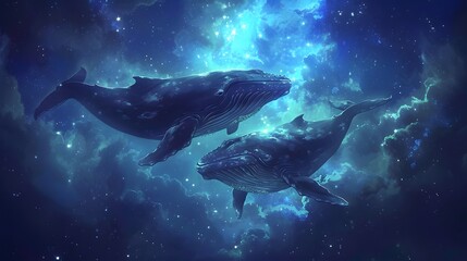 Obraz premium Two majestic whales gracefully swim through a starry cosmic scene, blending the wonders of the ocean with the universe.