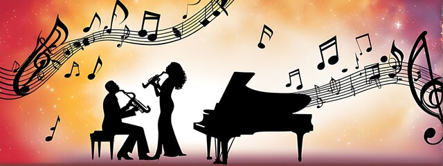 Jazz music poster with band instruments, saxophone, piano, and abstract art