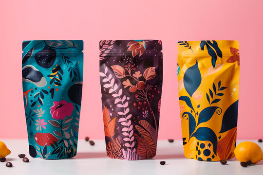 Product packaging, abstract colourful packing bag doypack with candy, cookies, coffee, tea or spices on the kitchen table with a blurred kitchen background