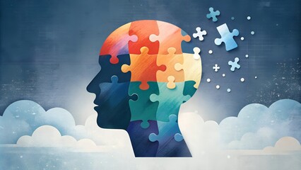 Puzzle pieces with rainbow color floating around a head, incomplete connections, searching, complexity, scattered thoughts, mental health awareness illustration